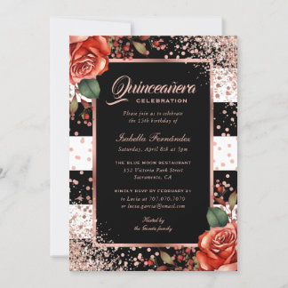 Elegante Schwarze Rose Gold Rote Flora Quinceñera Einladung