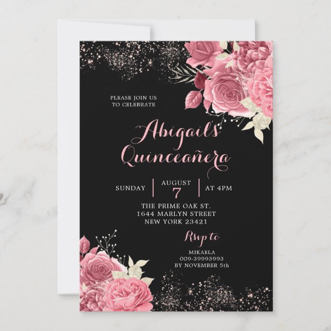 Elegante Schwarze Rose Goldene Flora Quinceñera Einladung (Vorderseite)