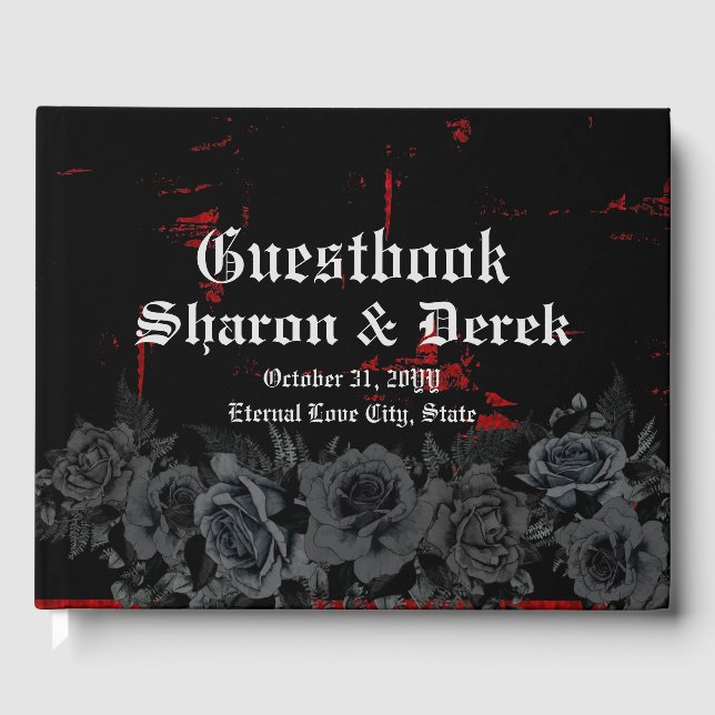 Elegante Schwarze Rose Rote Grunge Hochzeit Gästebuch (Vorderseite)