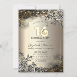 Elegante Schwarze Rose, String Lights 16. Geburtst Einladung