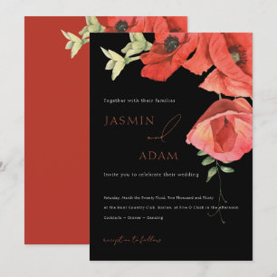Elegante Schwarze Rote Mohn-Blumen-Hochzeit Einladung