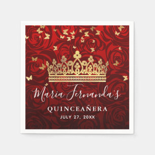Elegante Schwarze Rote Rose Goldene Krone Serviette