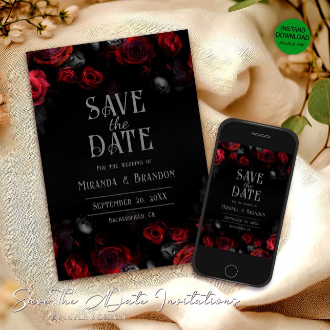 Elegante Schwarze Rote Rosen Save the Date floral (Von Creator hochgeladen)