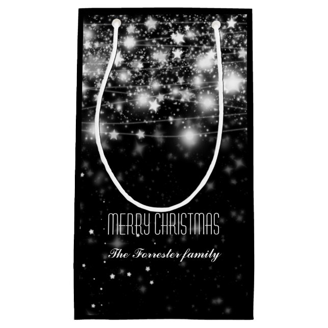 Elegante schwarze schimmernde Stern-frohe Kleine Geschenktüte (Vorderseite)