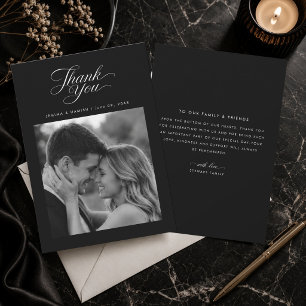 Elegante schwarze Schrift Hochzeit Schwarz-Weiß-Fo Dankeskarte