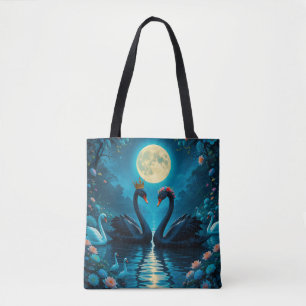 Elegante schwarze Schwäne unter Vollmond Tasche