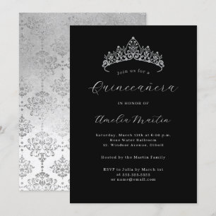 Elegante schwarze Silber-Damask-Tiara Quinceanera Einladung