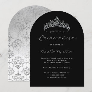 Elegante schwarze Silber-Tiara Quinceanera Einladung