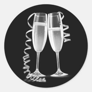 Elegante schwarze silberne Champagner-Glas-Aufkleb Runder Aufkleber