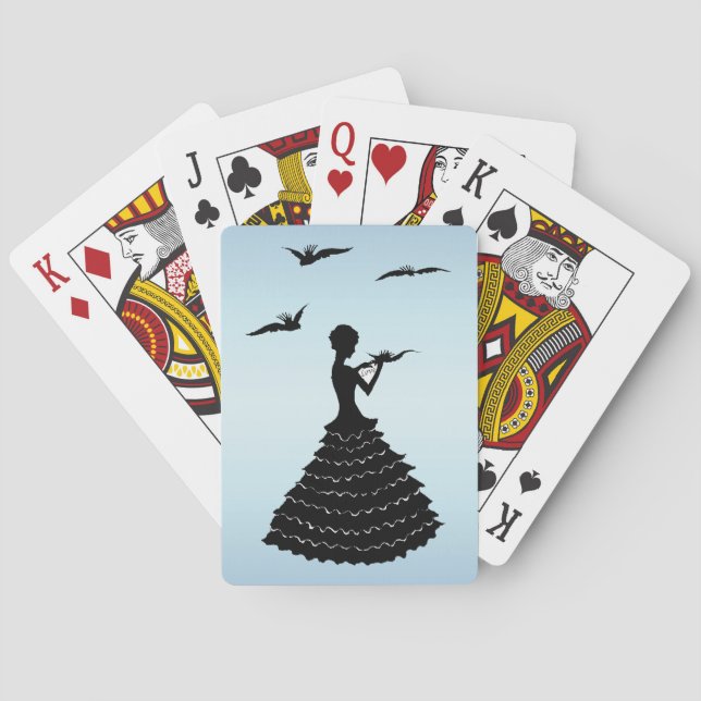 Elegante schwarze Silhouette Dame in Ruffled Dress Spielkarten (Rückseite)