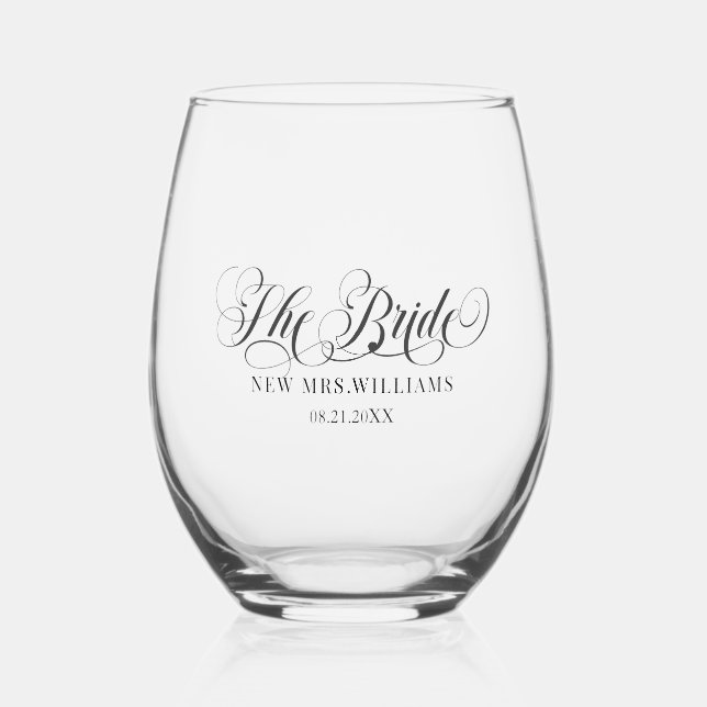 Elegante schwarze Skriptkalligrafie - Die Bride Weinglas Ohne Stiel (Vorderseite)