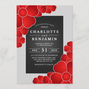 Elegante Schwarze Sliver und Rote Flora Hochzeit Einladung