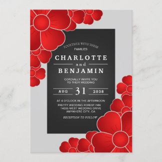 Elegante Schwarze Sliver und Rote Flora Hochzeit Einladung