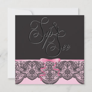 Elegante schwarze Spitze und rosa Sip and See 3 Einladung