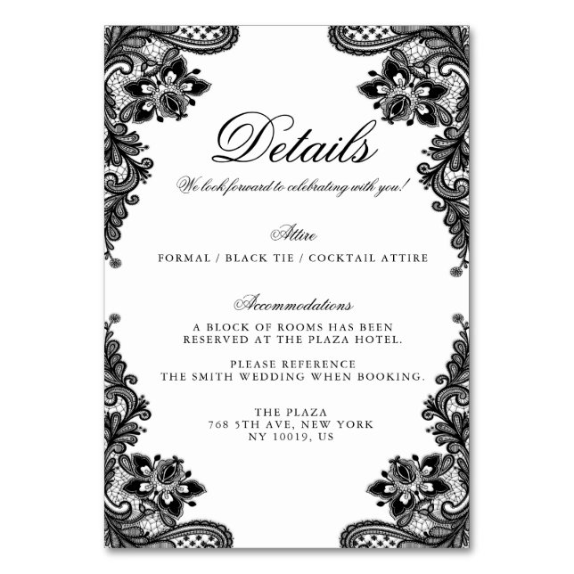 Elegante Schwarze Spitzen-Hochzeitsdetails-Karten Tischnummer (Vorderseite)