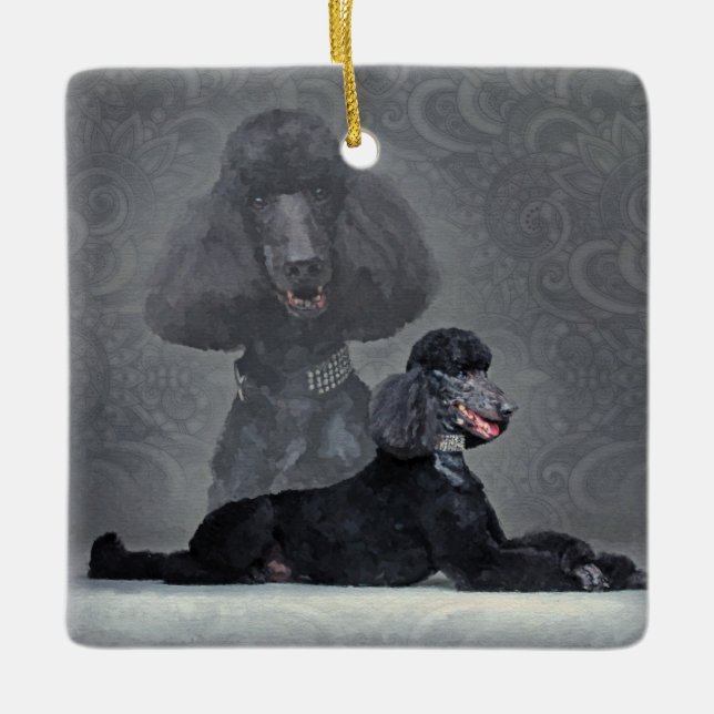 Elegante schwarze Standardpudel-Zusammensetzung Keramikornament (Vorderseite)