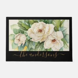 Elegante Schwarze Tan Magnolia Blume Name Fußmatte