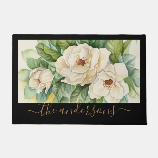 Elegante Schwarze Tan Magnolia Blume Name Fußmatte (Vorderseite)