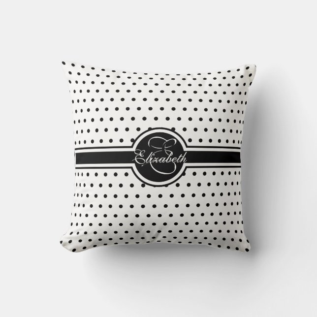 Elegante schwarze Tupfen auf weißem Monogramm Kissen (Vorderseite)