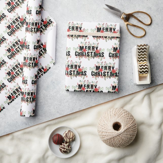 Elegante Schwarze Typografie Frohe Weihnachten Geschenkpapier (Kunsthandwerk)