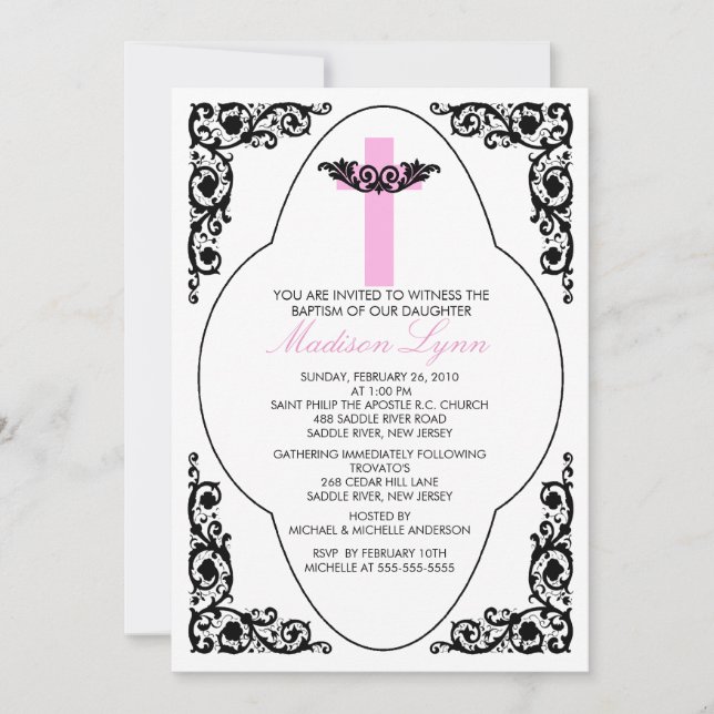 Elegante schwarze u. rosa Taufe-Einladung Einladung (Vorderseite)