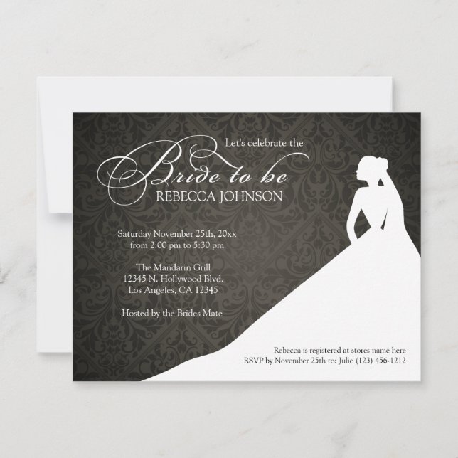 Elegante schwarze u. weiße "Braut, zum Brautparty Einladung (Vorderseite)