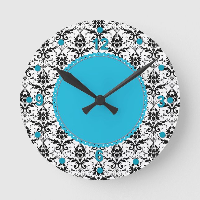 Elegante schwarze u. weiße Damast-Wanduhr Runde Wanduhr (Vorderseite)