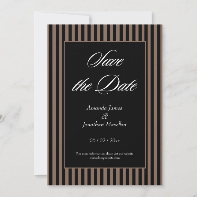 Elegante schwarze und braune Streifen Save the Dat Einladung (Vorderseite)
