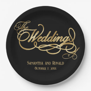 Elegante schwarze und falsche Gold-Kalligrafie-Hoc Pappteller