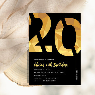 Elegante schwarze und goldene 20. Geburtstagsfeier Einladung