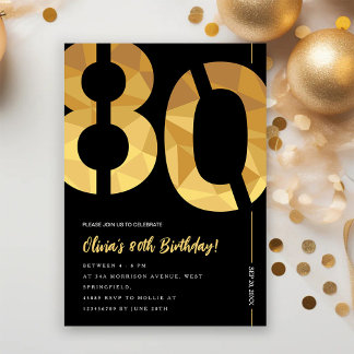 Elegante schwarze und goldene 80. Geburtstagsfeier Einladung