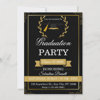 Elegante schwarze und goldene Abschlussfeier-Einla Einladung