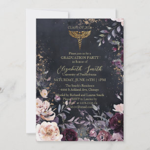 Elegante schwarze und goldene Blumen-Krankenschwes Einladung