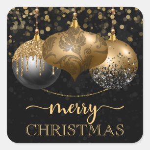 Elegante schwarze und goldene Christbaumkugeln Fro Quadratischer Aufkleber