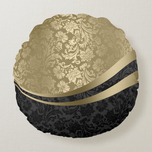 Elegante schwarze und goldene Damasken Dynamische  Rundes Kissen (Vorderseite)