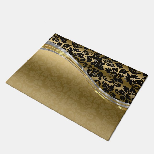 Elegante schwarze und goldene Damasken mit Silbera Fußmatte (Schrägansicht)