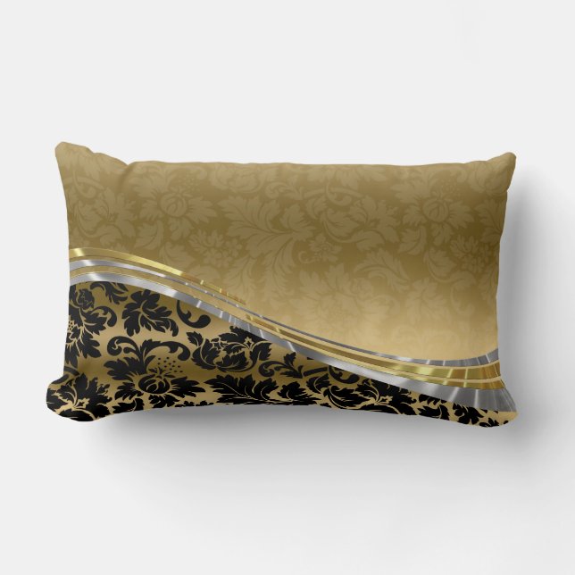 Elegante schwarze und goldene Damasken mit Silbera Lendenkissen (Vorderseite)