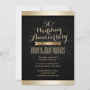 Elegante schwarze und goldene Damast-Hochzeit-Jubi Einladung