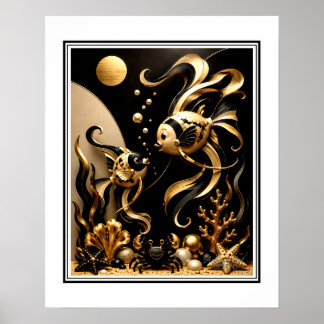 Elegante schwarze und goldene Fantasy-Goldfisch-Oz Poster
