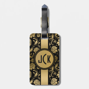 Elegante schwarze und goldene florale Damaststoffe Gepäckanhänger