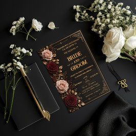 Elegante schwarze und goldene florale Hochzeitsein Einladung