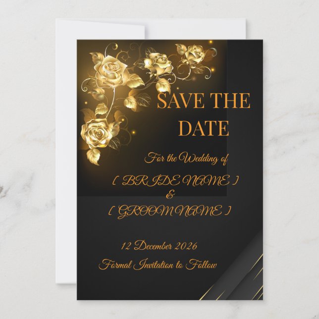 Elegante schwarze und goldene florale Save-the-Dat Save The Date (Vorderseite)
