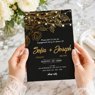 Elegante schwarze und goldene florale Verlobungsfe Einladung