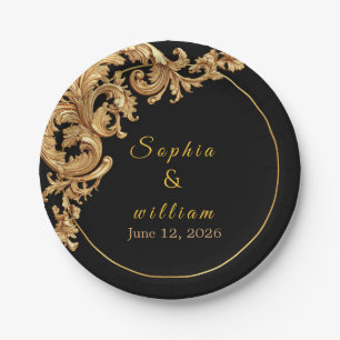Elegante schwarze und goldene Folien-Königshochzei Pappteller