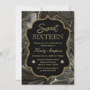 Elegante schwarze und goldene Geode-Strata Sweet 1 Einladung