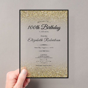 Elegante schwarze und goldene Glitter 100. Geburts Acryleinladungen
