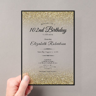 Elegante schwarze und goldene Glitter 102. Geburts Acryleinladungen