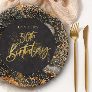 Elegante schwarze und goldene Glitter 50. Geburtst Pappteller
