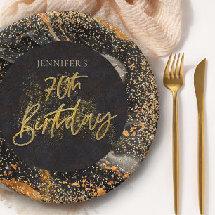 Elegante schwarze und goldene Glitter 70. Geburtst Pappteller