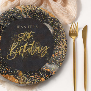 Elegante schwarze und goldene Glitter 80. Geburtst Pappteller